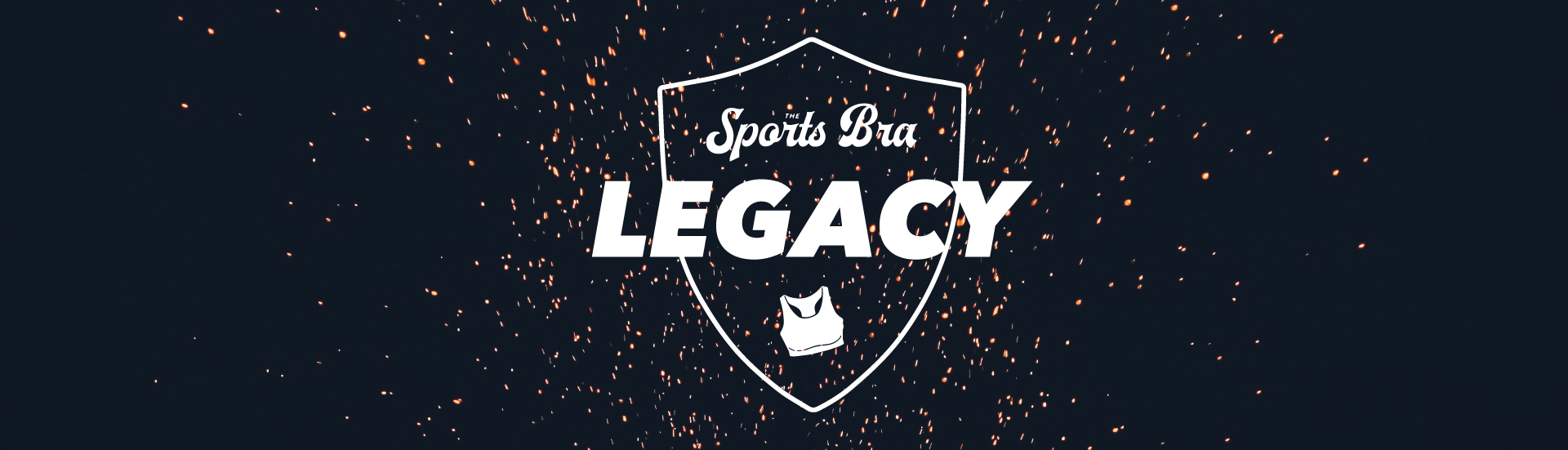 Image of dark background with gold specks and the sports bra legacy in white with the logo of the sports bra all on a transparent shield with a white color for stroke and font